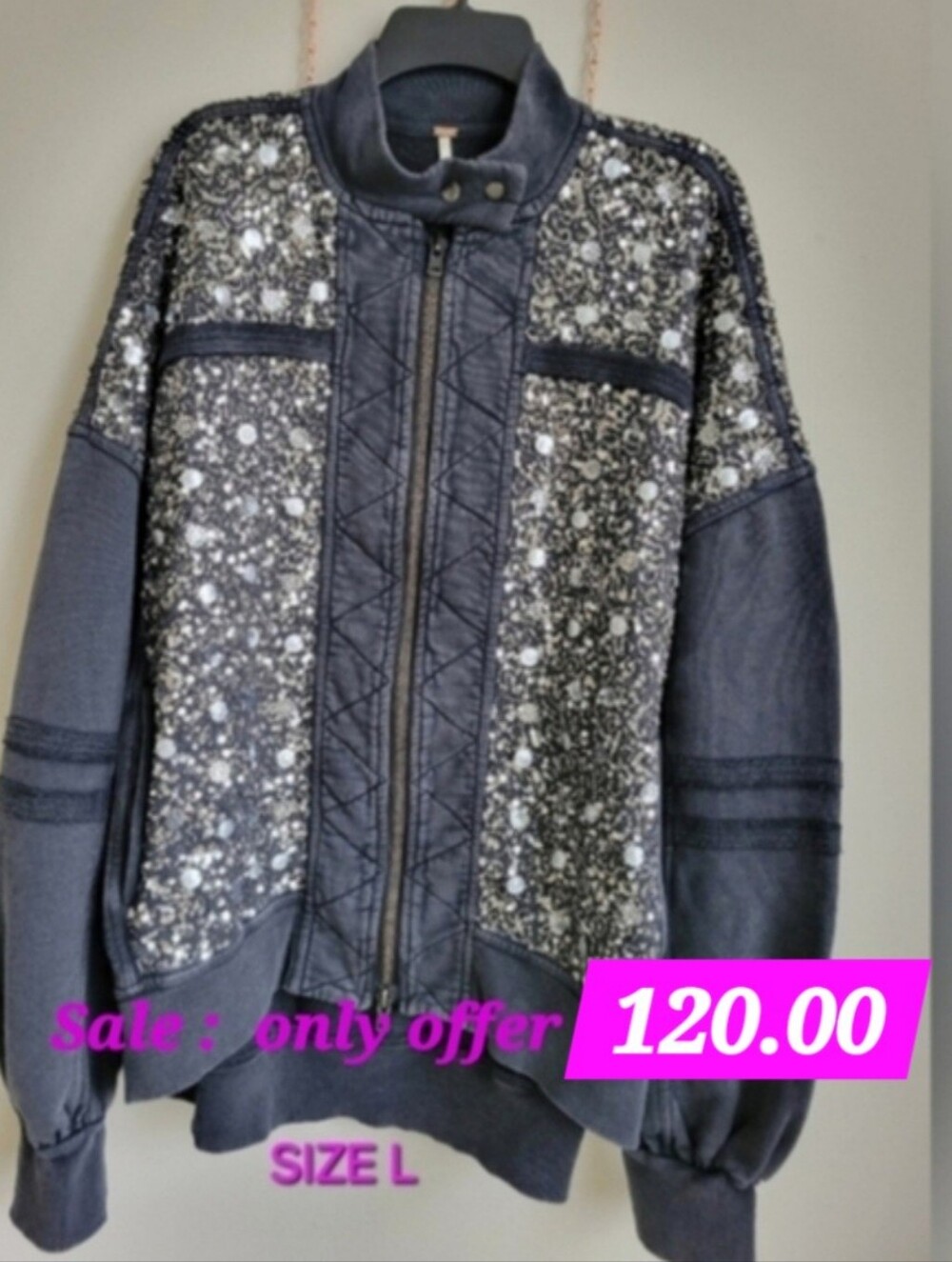 Free People Sparkle  Sweatshirt Jacket, Zip Close  SIZE LARGE ( Free Gift)